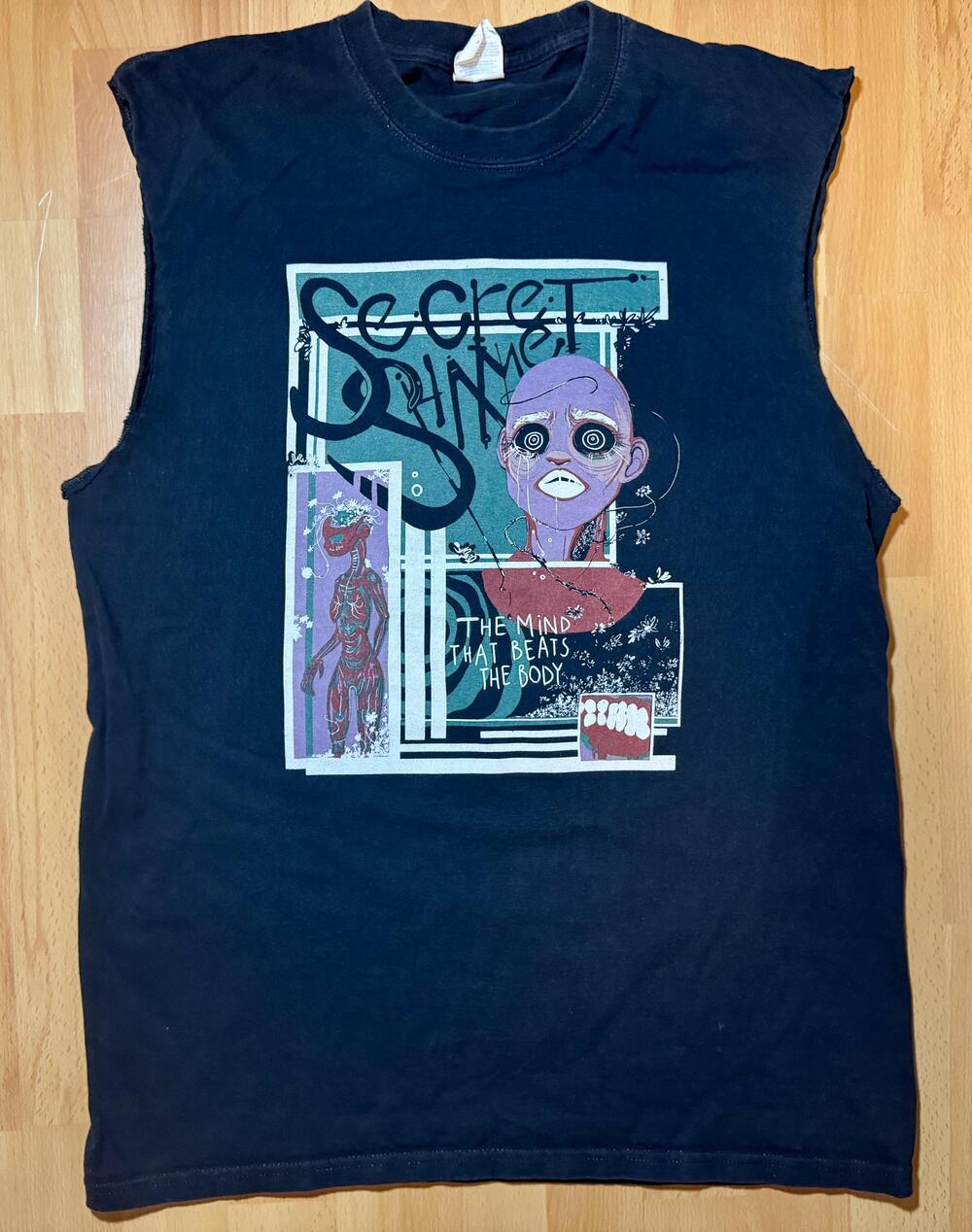 Secret Shame Shirt Mens Large Black Sleeveless Band Tee Punk Graphic DIY Cutoff